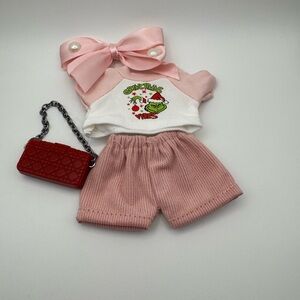 Labubu Outfit Pink Grinch outfit with Red Bag